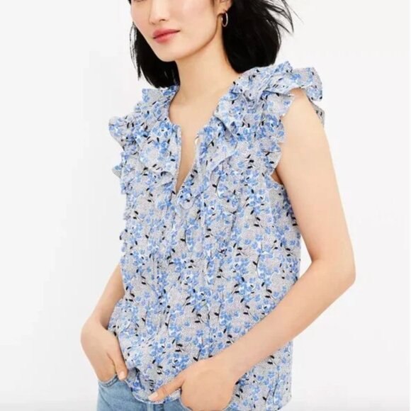 LOFT "Bouquet Ruffle Tie Neck Shell" Floral Blouse  Size S Modest Casual Work - Picture 1 of 8